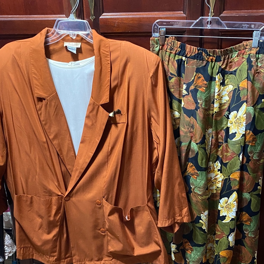 Sue Brett vintage Orange Blazer shell and Floral skirt Pants Set plus size 3X